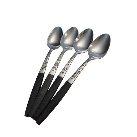 Lot 4 Swirl Black Interpur Japan Teaspoon Flatware Spoons MCM - Picture 2 of 6